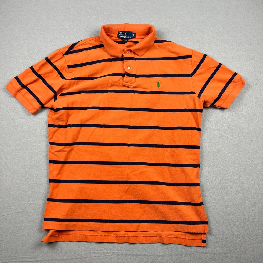Vintage Polo Ralph Lauren Mens L Orange Blue Striped Short Sleeve Polo Shirt